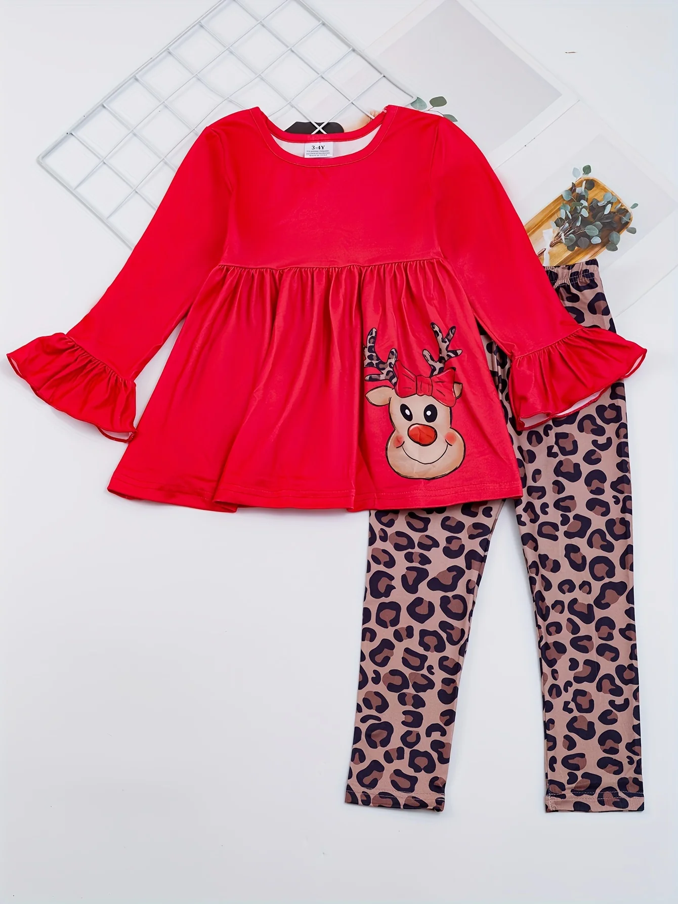 Christmas 2pc Cute Sets, Girls Santa Claus Print Flare Sleeve Top & Plaid Pants Kids Clothes For outdoor Party - Deanwangkt