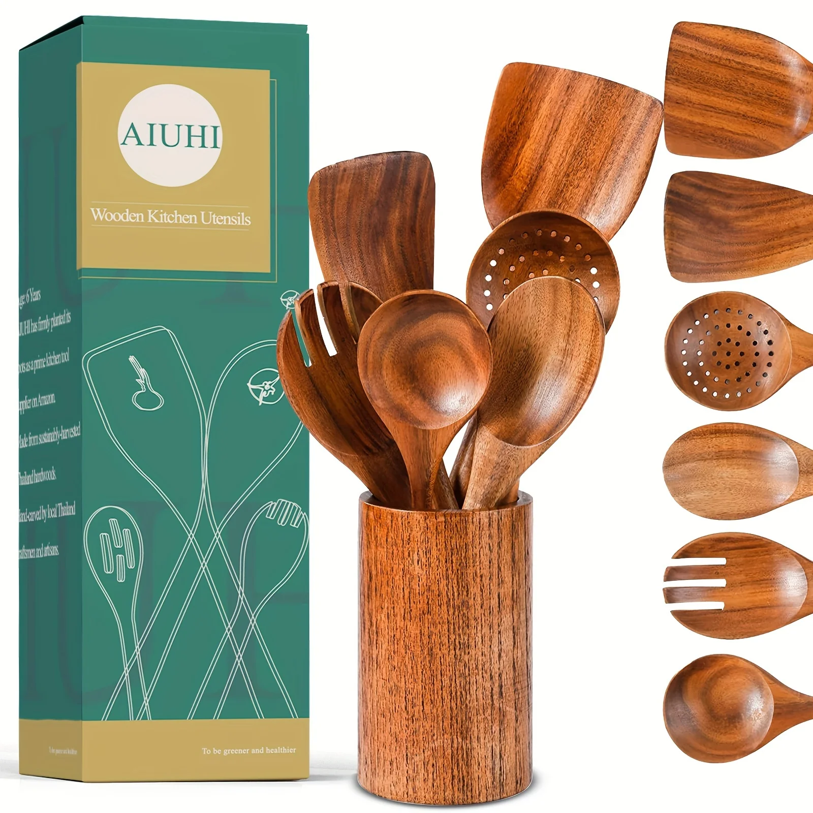 7pcs Wooden Utensils For Cooking, Wooden Spoons With Box, Wooden Utensils Set, Wood Kitchen Utensils For Nonstick Pan, Wood Spatula Spoon Nonstick Kitchen Utensil Set With Holder - Deanwangkt
