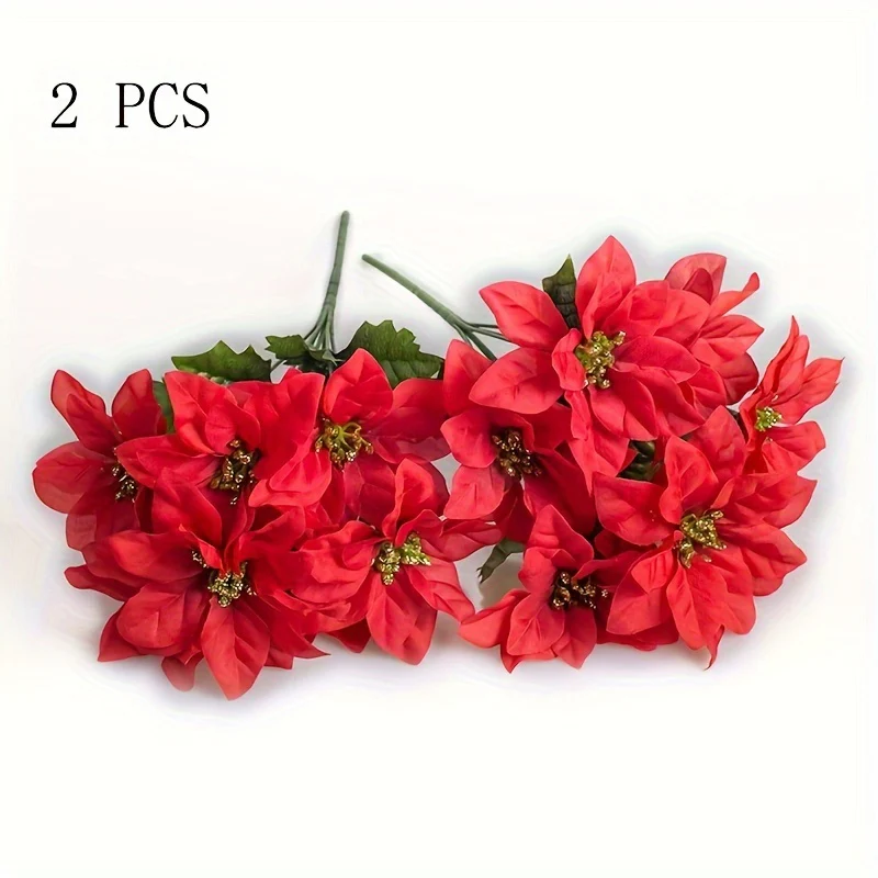 Artificial Poinsettia Flowers, 2 Pack, 7-Head Red Christmas Floral Swags, Plastic Greenery for Home Decor, Centerpieces, Wedding Decoration, Christmas Tree, Exhibition, All-Season Display, No Container, Battery-Free - Deanwangkt