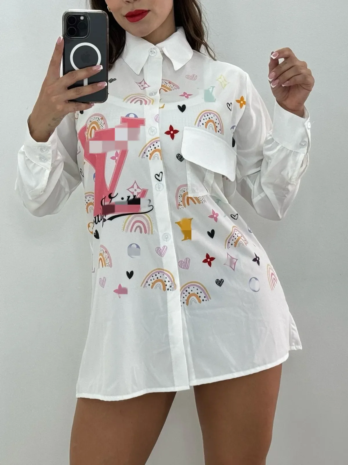 Women Blouses Shirts Designer Print White Shirt Tops Casual Long Sleeved Shirt Free Ship - Deanwangkt