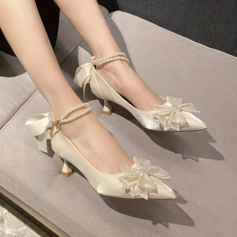 deanwangkt  Women's Bowknot Kitten Heels, Elegant Pointed Toe Faux Pearl Ankle Strap Shoes, Comfy Wedding & Evening Dress Shoes - Deanwangkt