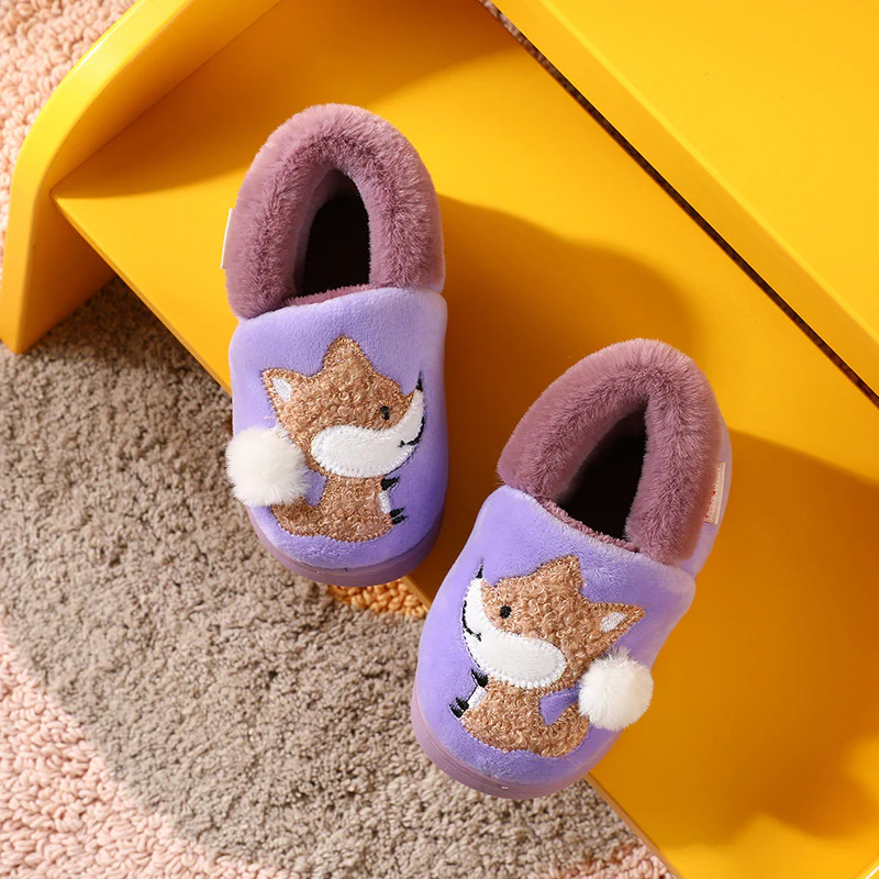 DEANWANGKT Boys and Girls Bag Heel Cartoon Fox Baby Fur Non Slip Cotton Slippers Winter Warm Children's Home Cotton Shoes - Deanwangkt