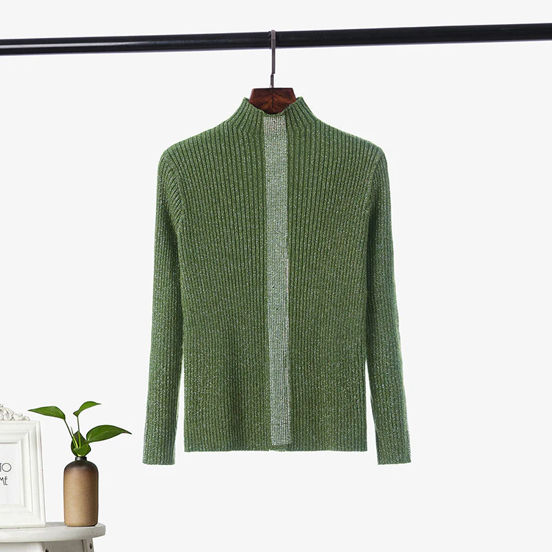 DEANWANGKT Semi-turtleneck thick knitted sweater women's long-sleeved autumn and winter new hot diamond pullover slim-fitting versatile bottoming shirt top - Deanwangkt