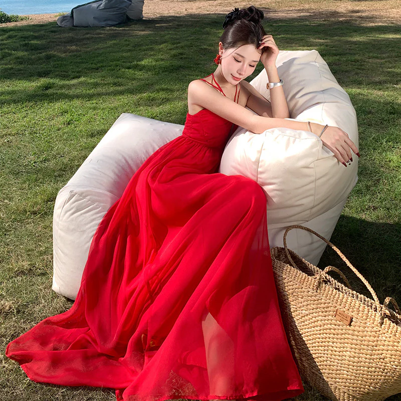 2025 Spice girl red backless suspender dress, Thailand Sanya seaside vacation beach dress lace-up waist long dress women's summer - Deanwangkt