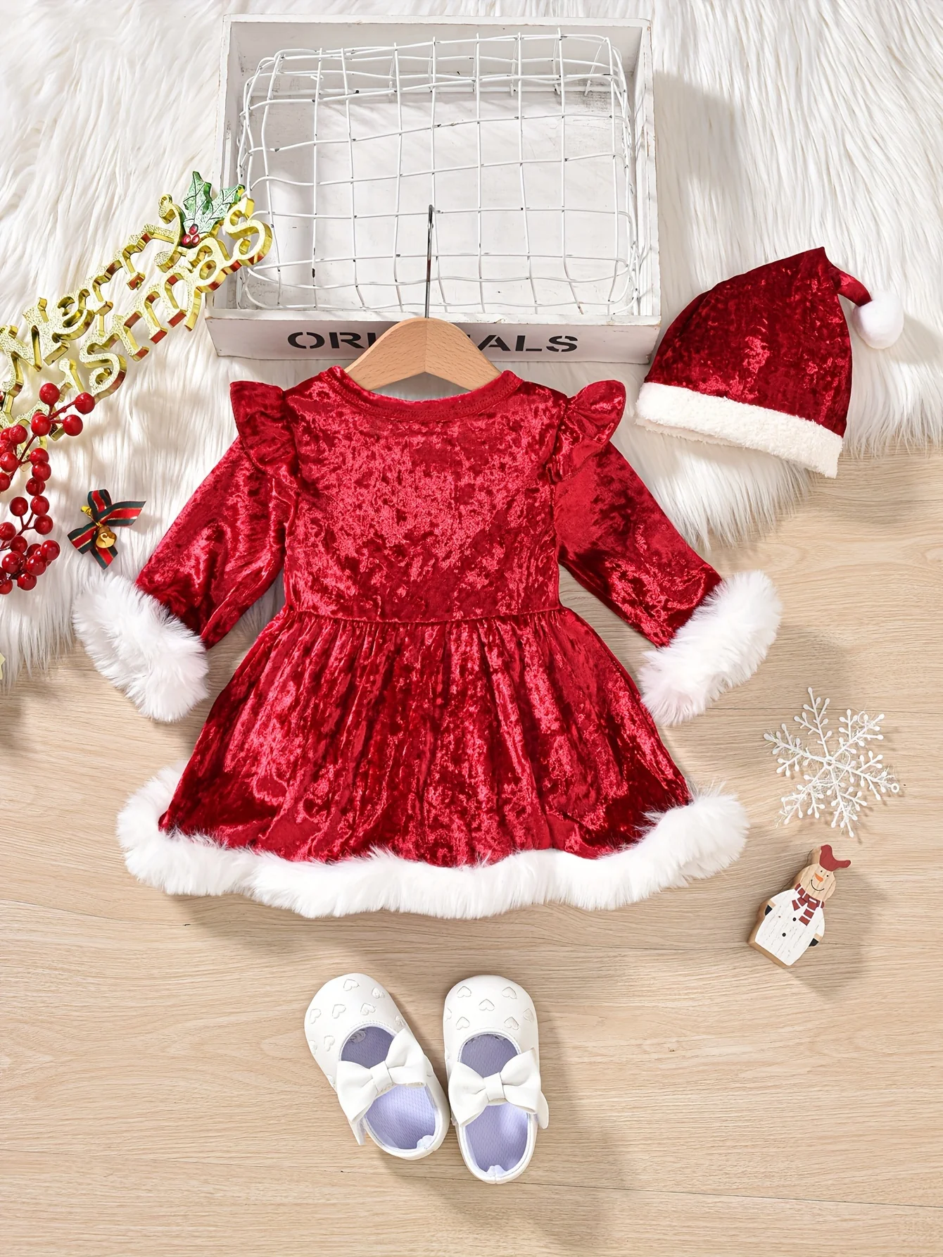 Baby's Christmas Style Fuzzy Trim Warm Long Sleeve Dress & Hat, Infant & Toddler Girl's Dress For Daily Wear/Holiday/Party, As Gift - Deanwangkt