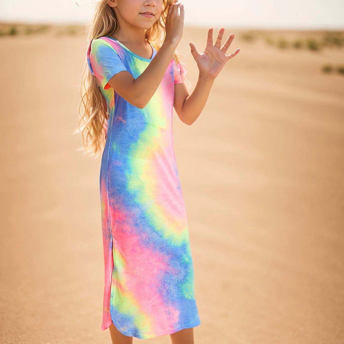 Vibrant Tie Dye Short Sleeve Slim Midi Dress for Girls - Casual, Comfortable, and Stylish Holiday Wear - Perfect Summer Gift for Tweens and Teenagers - Deanwangkt
