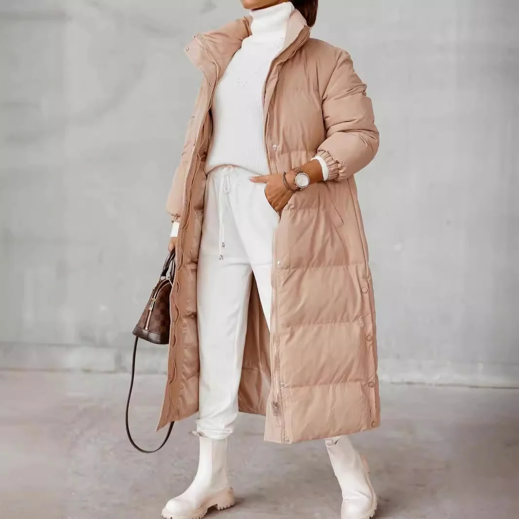 Cross-border European, American autumn and winter women's clothing  solid color stand-up collar extended cotton-padded clothing fashion zipper long-sleeved pocket jacket - Deanwangkt