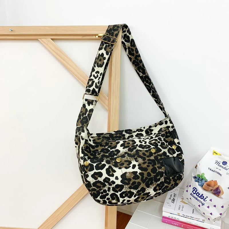 DEANWANGKT 2025 popular autumn new women's leopard print polka dot canvas bag ins shoulder messenger bag large capacity casual dumpling bag - Deanwangkt