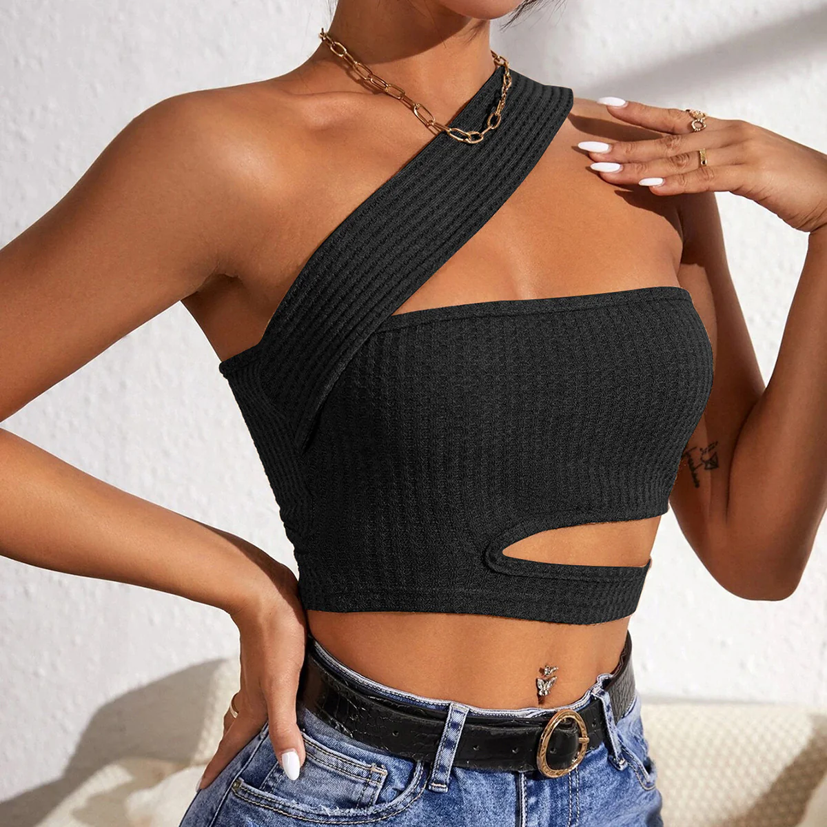 Cross-border Popular trade popular  women's clothing new sexy hollow knitted small vest ultra-short slanted shoulder chest wrap top - Deanwangkt