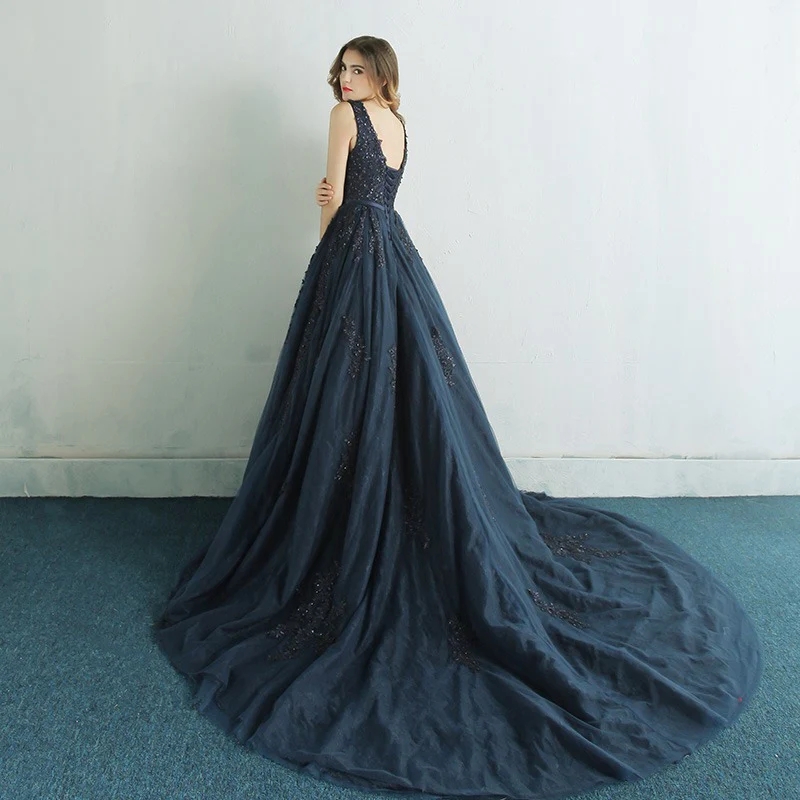 2025new temperament long navy blue dinner host slim small trailing dance evening dress dress - Deanwangkt