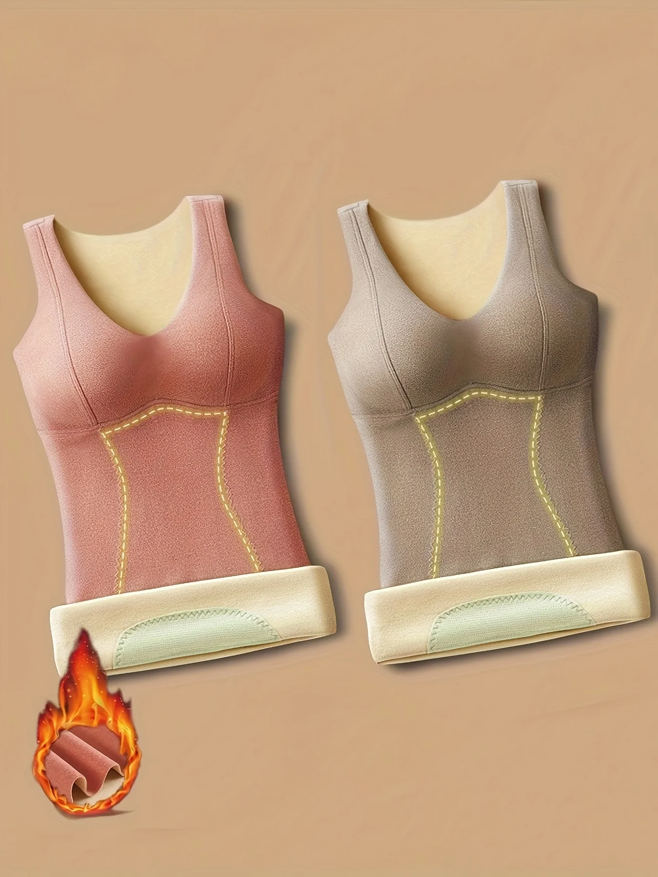 Buy 1 Get 1 Free, total of 2 Pcs Solid Plush Lined Thermal Underwear - Soft, Round Neck, Slim Fit, Tank Top Style, Women's Winter Underwear & Lingerie for Fall Season - Deanwangkt