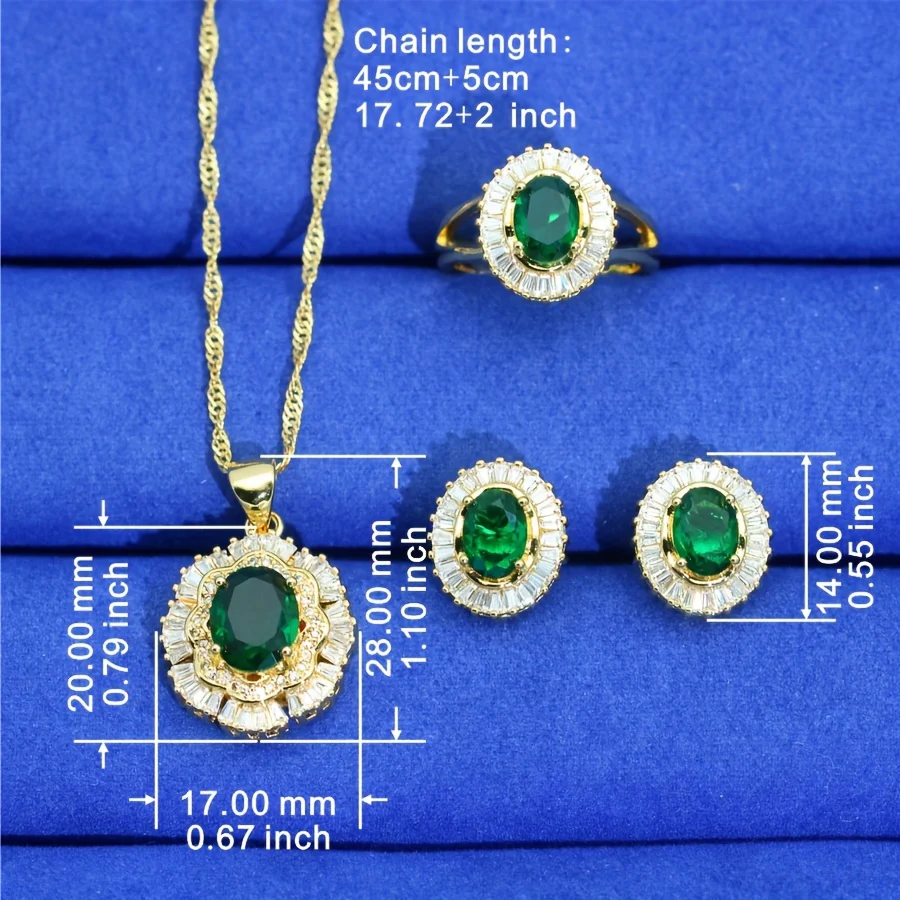 Stud Earrings + Ring + Necklace + Bracelet Elegant Jewelry Set 18k Gold Plated Inlaid Emerald Stone Wedding Jewelry Gifts For Eid - Deanwangkt