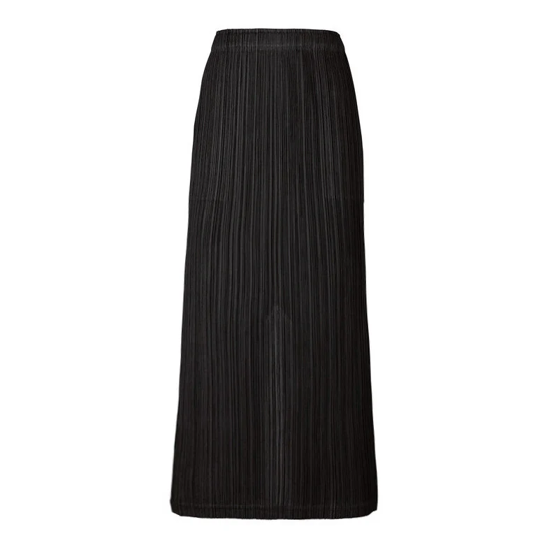 2025 Miyake hot-selling long hip-wrapped skirt with split ends and high waist, casual professional temperament, small A-shaped thin skirt, long skirt. - Deanwangkt