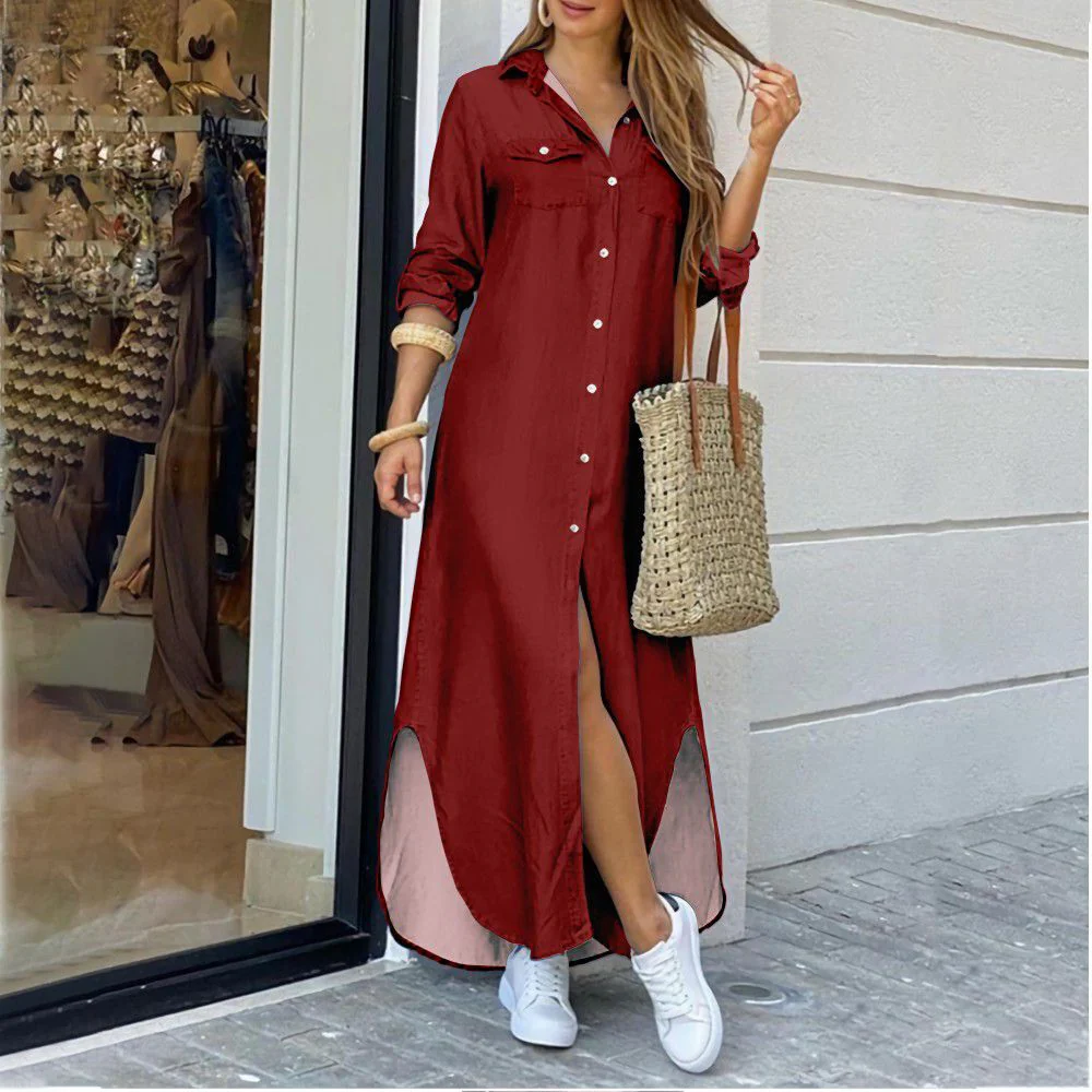 DEANWANGKT Cross-Border Women's Clothing  EBay New European and American Fall Winter Fashion Sexy Shirt Maxi Dress Women - Deanwangkt
