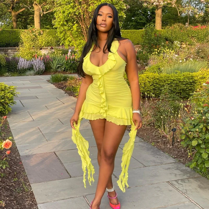 A145ds European and American 2025 Summer New Solid Color Sleeveless Low Collar Wooden Ear Irregular Hip-Wrapped Short Dress - Deanwangkt