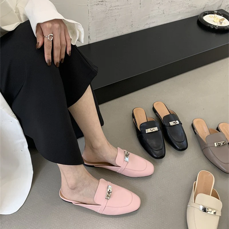 DEANWANGKT  Closed Toe Half Slippers Women's Summer Outdoor Mules  New Horsebit Buckle Flat Shoes Genuine Leather Internet Celebrity Lazy Sandals - Deanwangkt