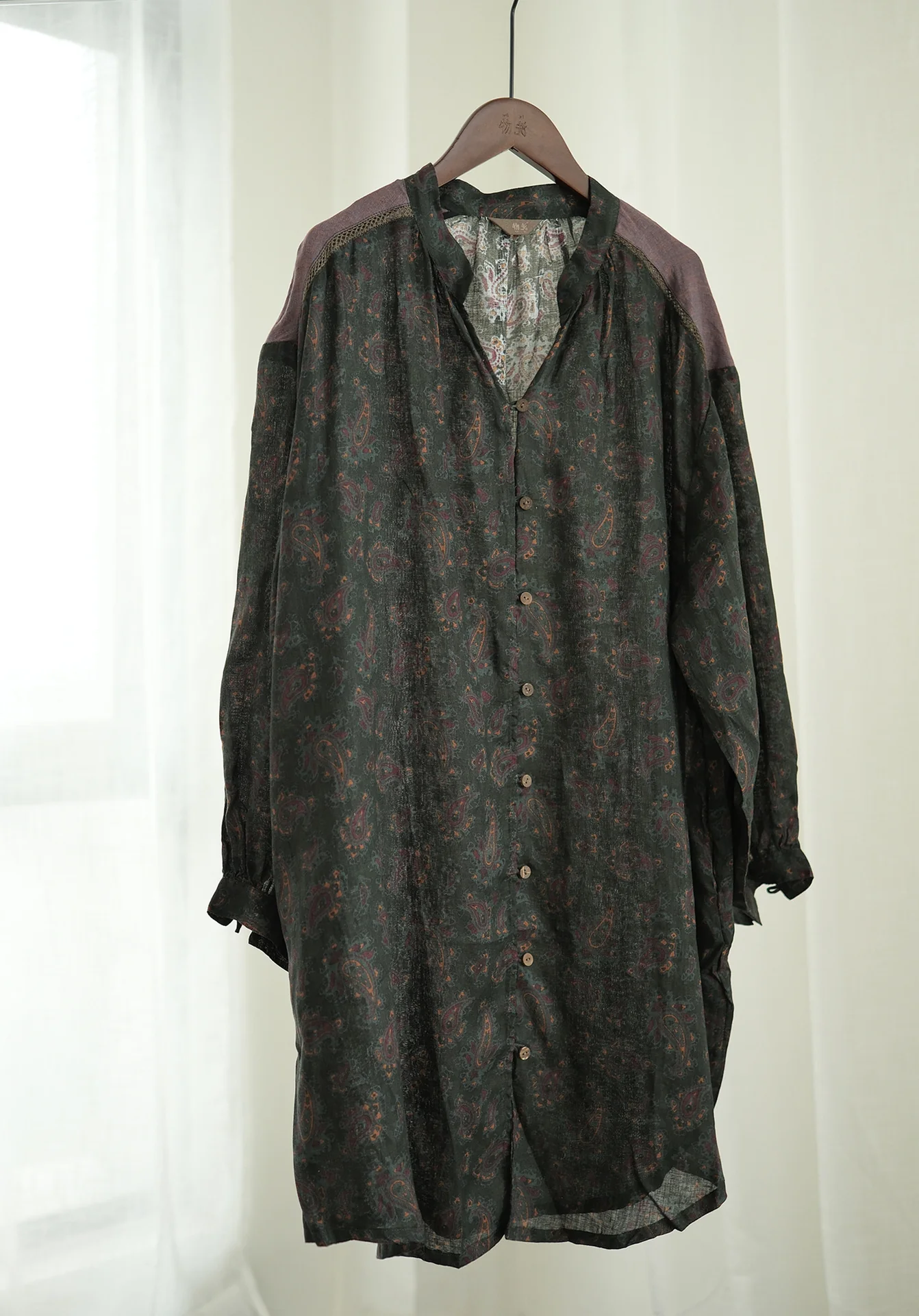 retro digital printing cashew linen medium and long shirt, cold and mysterious contrasting color long cardigan S23037 - Deanwangkt