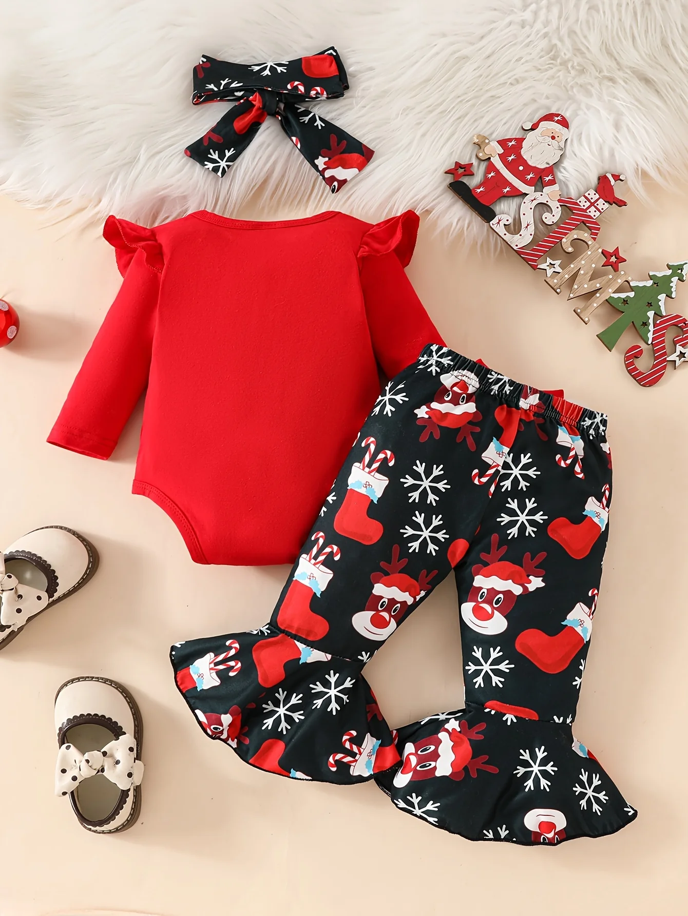 Christmas Letter Print Long Sleeve Shirt + Trumpet Pants + Headscarf Three-piece Set, Perfect for Outdoor - Deanwangkt