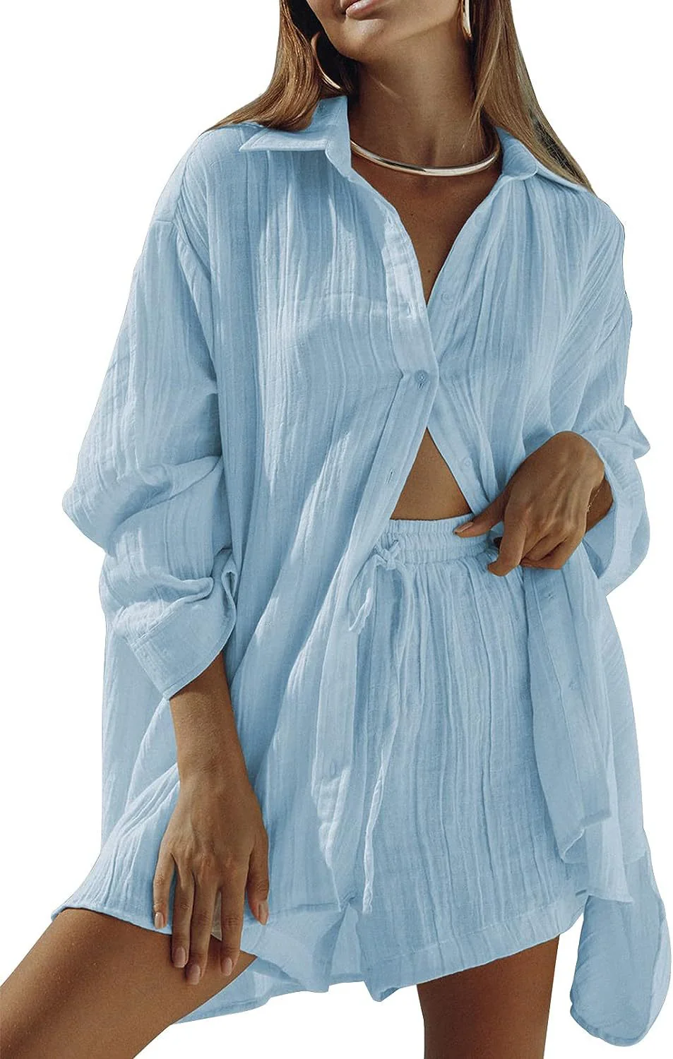 DEANWANGKT  European and American Style Women Casual Two-Piece Suit  Summer New Long Sleeve Shirt Top and Shorts Sportswear Suit - Deanwangkt