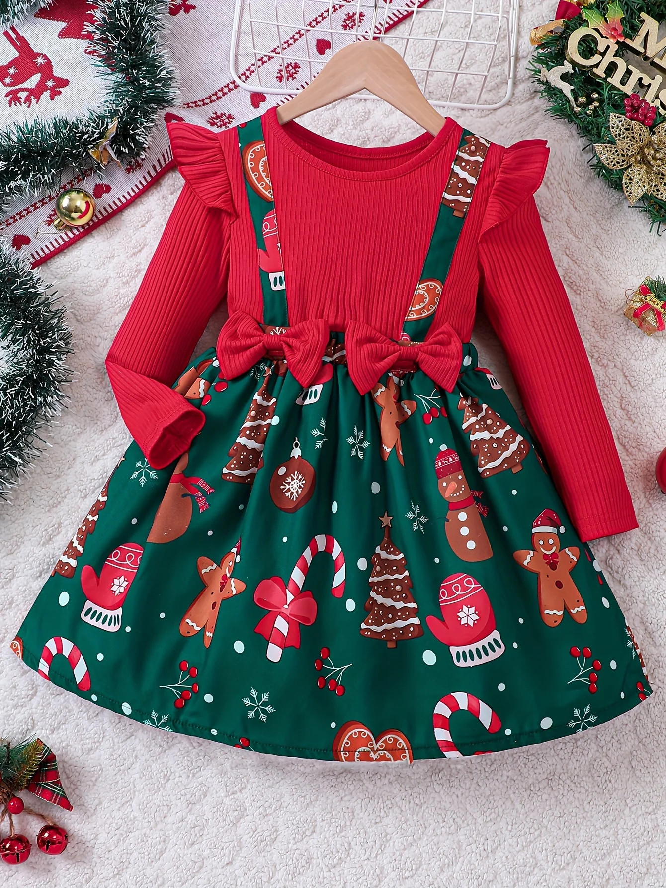 Festive Gingerbread Man Long Sleeve Dress for Girls - Special Occasion, Graphic Print, Flutter Trim, Fall Winter Christmas Gift Idea - Deanwangkt