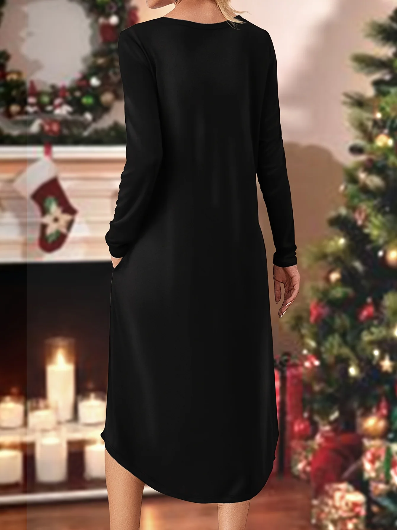 Women's Casual Long Sleeve Dress with Christmas Graphic Print & Pockets - Crew Neck, Mid-Length, Stretchy Polyester Blend for Fall/Winter, for Autumn - Deanwangkt