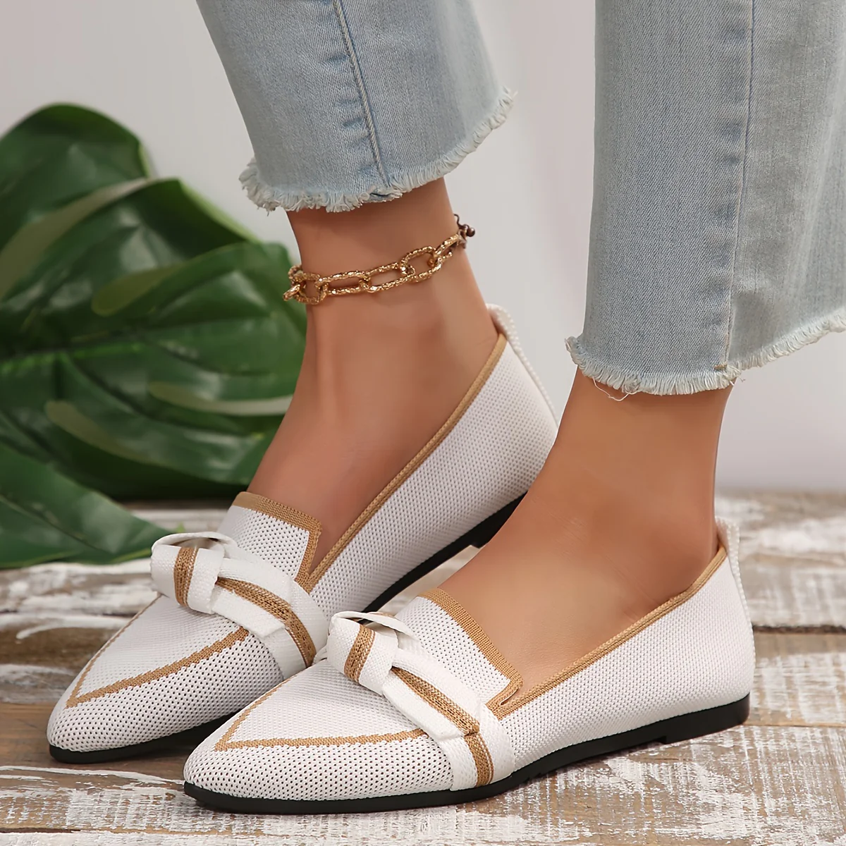 Womens Chic Knot Flat Shoes - Soft Knitted Slip-Ons with Pointed Toe - Ultra-Comfortable & Breathable for Everyday Style - Deanwangkt