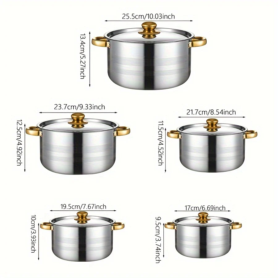 10pcs set of stainless steel pots, specifications are 6.69/7.68/8.54/9.33/10.04inch, stainless steel cooking pot, 5 pots + 5 pot lids, suitable for induction cookers and gas stoves, stainless steel double handle with lid, deep soup pot, suitable for - Deanwangkt