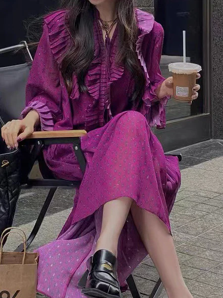 2025 Spot 2023 autumn and winter  heavy industry purple long dress pleated versatile lotus leaf sleeve iris large size dress - Deanwangkt
