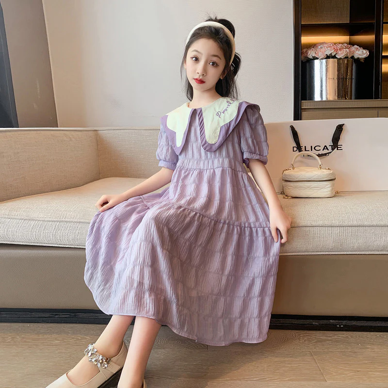 Girls' Summer Dress  New Summer Dress Medium and Big Children Korean Style Western Style Doll Collar Graceful Princess Dress - Deanwangkt