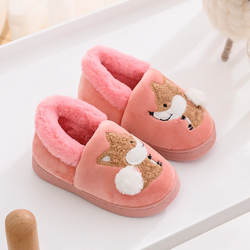 DEANWANGKT Boys and Girls Bag Heel Cartoon Fox Baby Fur Non Slip Cotton Slippers Winter Warm Children's Home Cotton Shoes - Deanwangkt