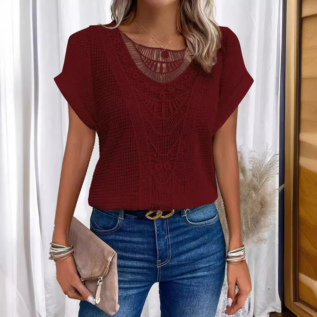 DEANWANGKT  European and American Spring and Summer New Lace round Neck T-shirt Casual Short-Sleeved Top Cross-Border Women's Clothing Clothing - Deanwangkt