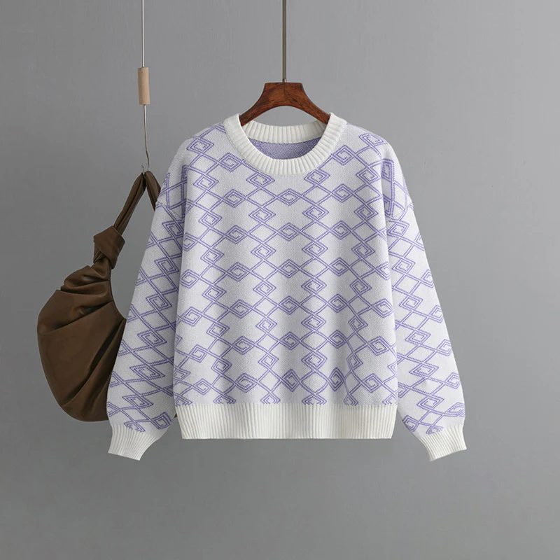 DEANWANGKT Cross-border 2025 Express Jacquard Long Sleeve Sweater Women's Autumn and Winter  New Loose Versatile Crew Neck Hot Style Top - Deanwangkt