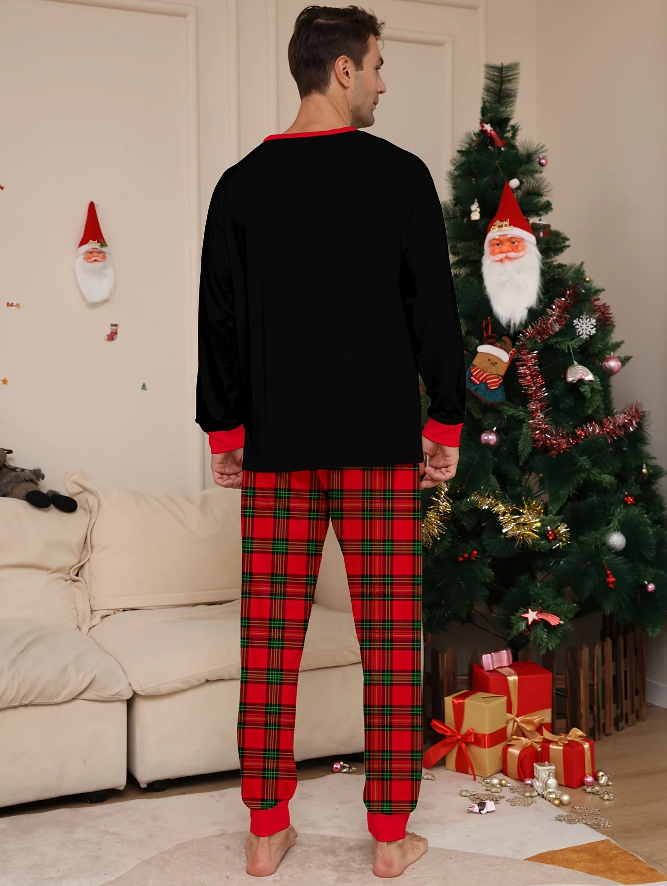 Men's Trendy Casual Christmas Pajamas Sets, Deer Elk Christmas Tree Antler Graphic Print Long Sleeve Crew Neck Top & Loose Pants Lounge Wear - Deanwangkt