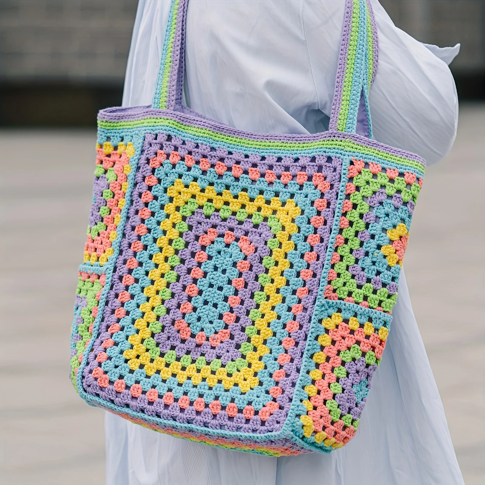 Vibrant Bohemian Chic Crochet Tote Bag - Handcrafted, Fashion-Forward Ethnic Style - Perfect for Womens Travel Adventures, Versatile & Lightweight - Deanwangkt