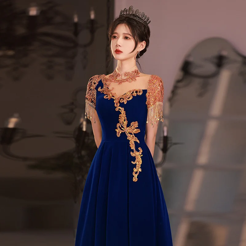 2025 Banquet Evening Dress 2025 Spring Velvet Light Luxury Blue Fairy Temperament Bridal Toasting Dress Vocal Performance Art Examination Dress - Deanwangkt