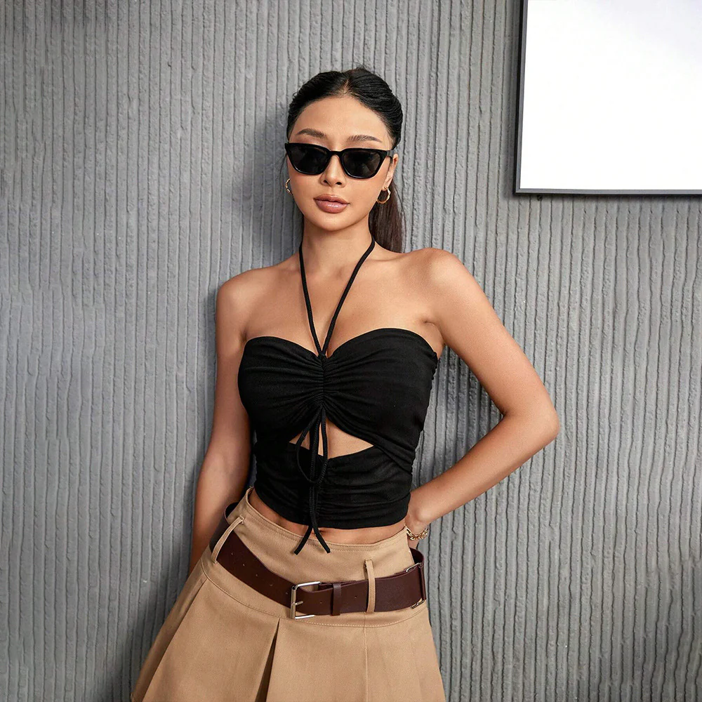 New  ins summer new women's clothing solid color lace-up navel halter slim sling vest top - Deanwangkt