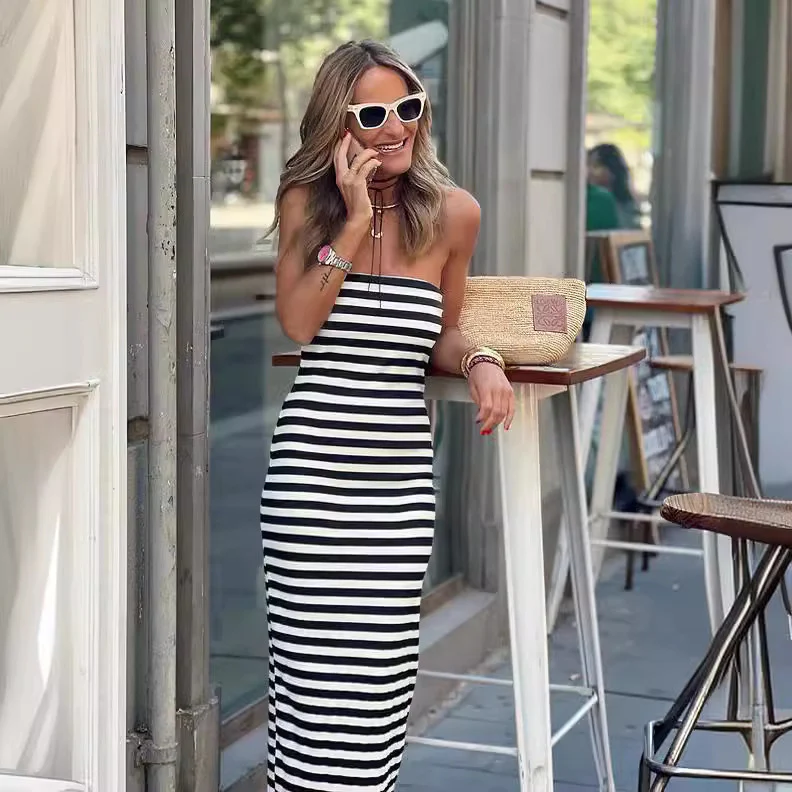 DEANWANGKT European and American Internet Hot Striped Dress  Summer  Ins New Striped Wrapped Chest Split Sheath Dress - Deanwangkt