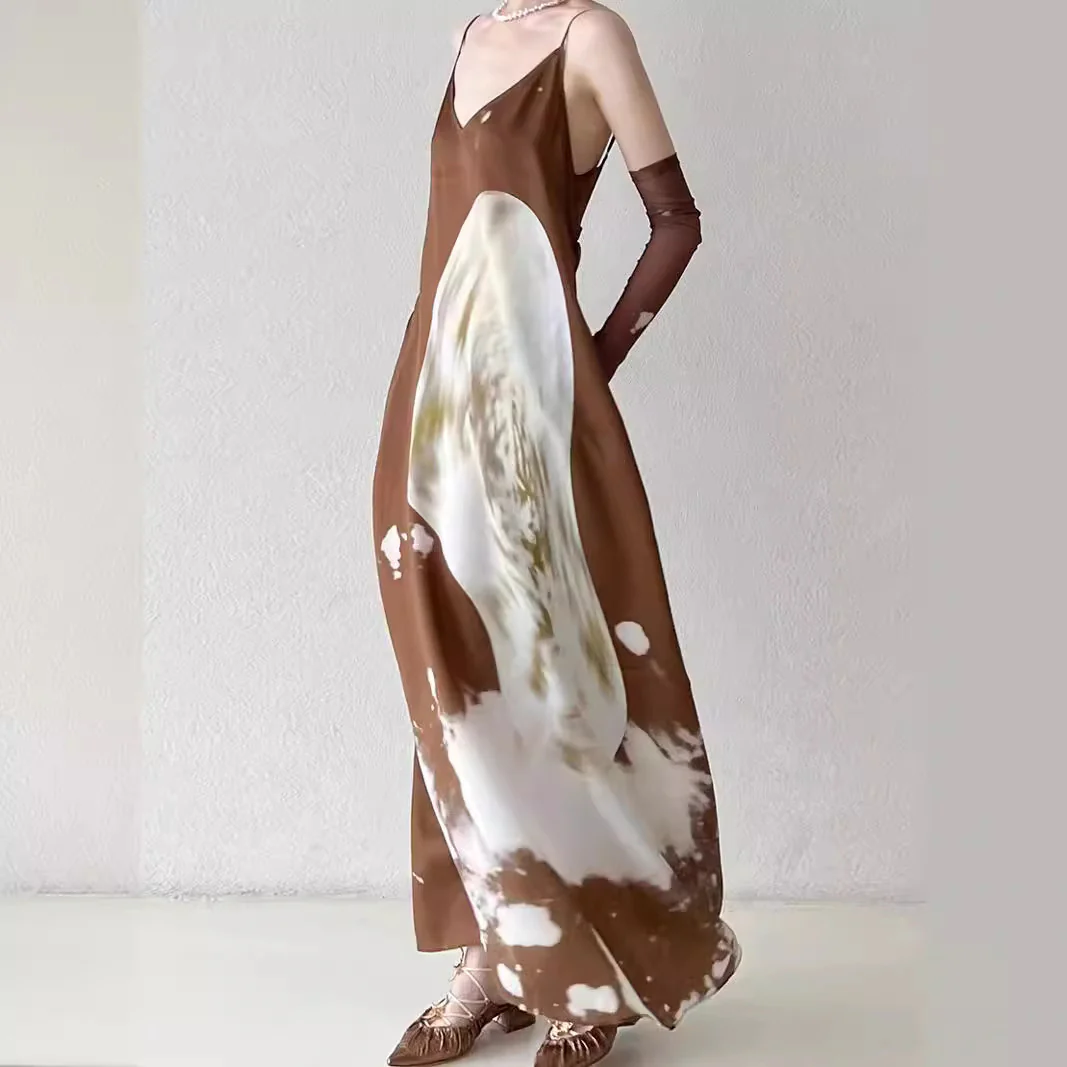 2025 Spot design sense vacation wind drawstring ink painting printing vacation acetate hemp seaside vacation suspender dress - Deanwangkt