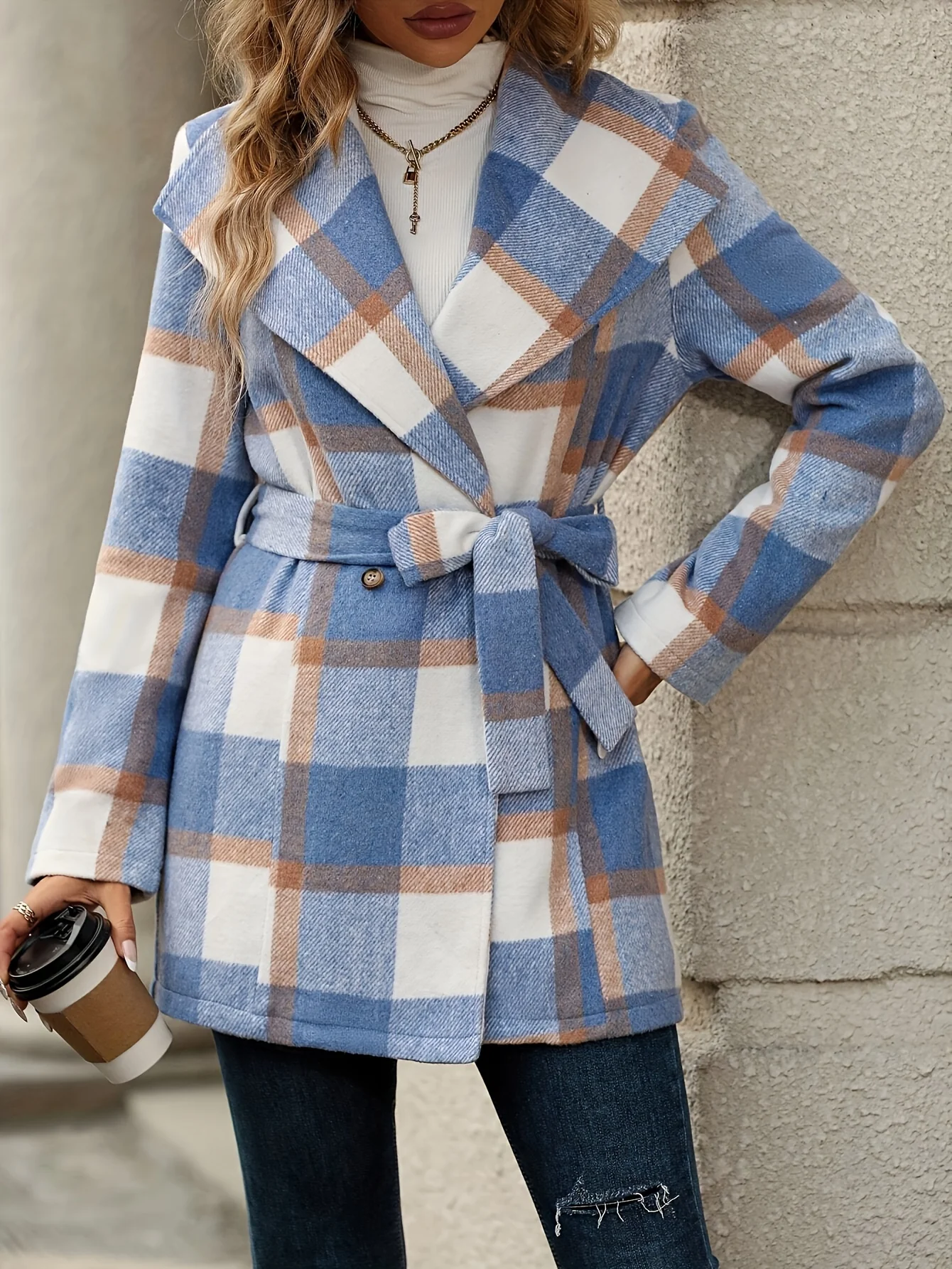 Elegant Women's Plaid Pattern Double Breasted Belted Long Sleeve Overcoat for Fall & Winter - Deanwangkt