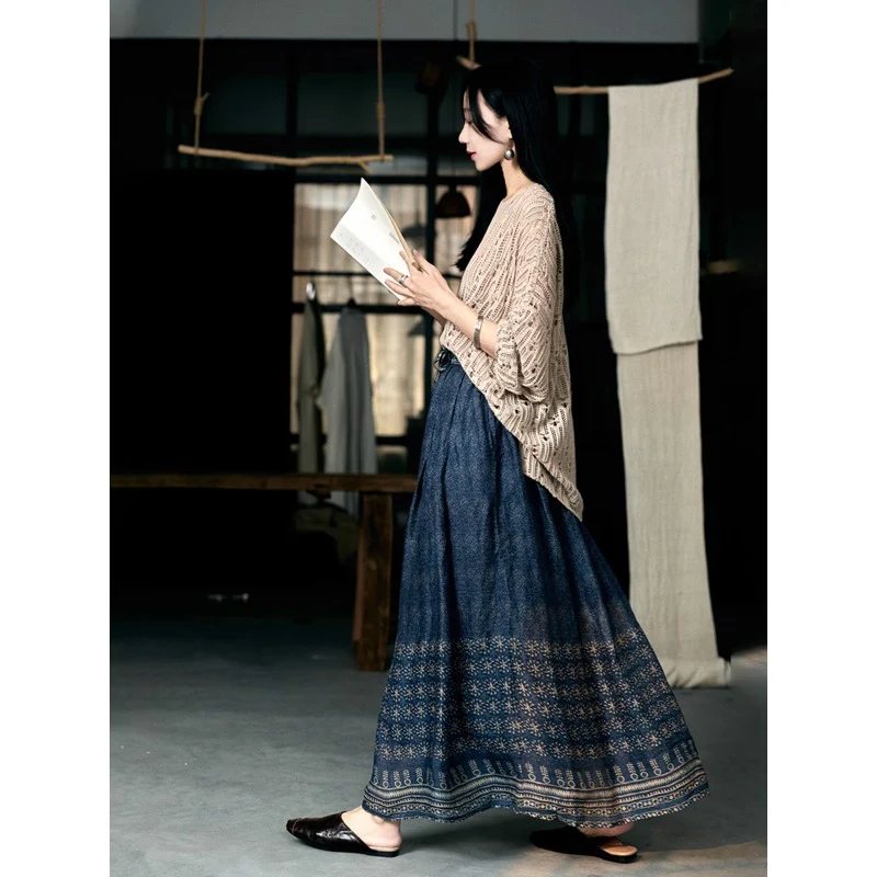 Double-layer spring and summer literary and ethnic style, retro and old blue splicing printing cotton and linen skirt - Deanwangkt