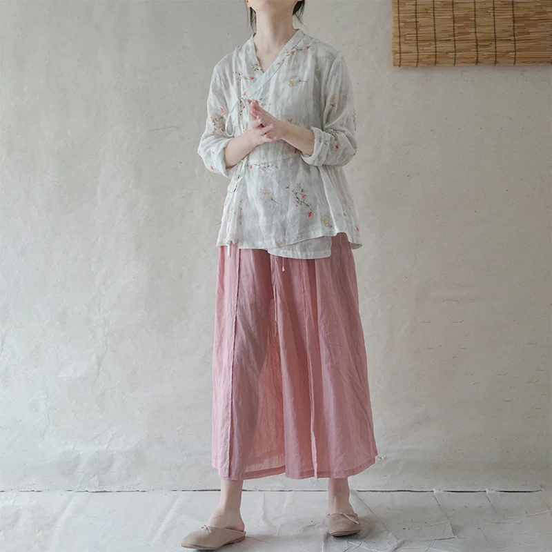 Chinese ramie printed Zen lace-up top, retro Chinese pastoral high-waisted shirt S21040-1 - Deanwangkt
