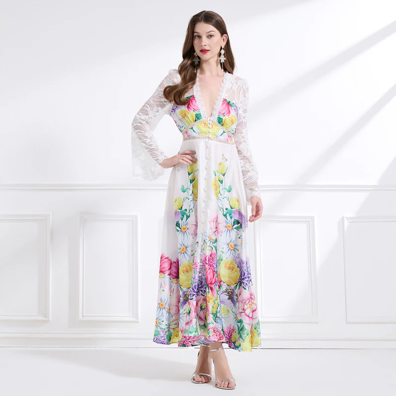 fashion holiday style dress spring women's court style deep V-neck waist horn sleeve lace print dress - Deanwangkt