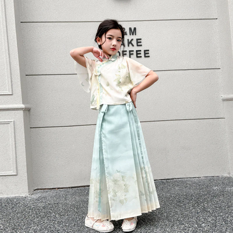 Girls' Horse-Face Skirt Suit Skirt New Children's Han Chinese Costume Summer Tang Suit New Chinese Style Classical Ancientry National Style Dress - Deanwangkt