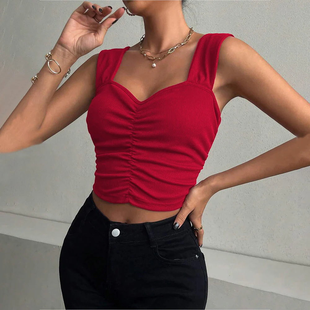 ins  New pleated square neck sling vest popular summer new bottoming shirt slim-fitting chic top women - Deanwangkt