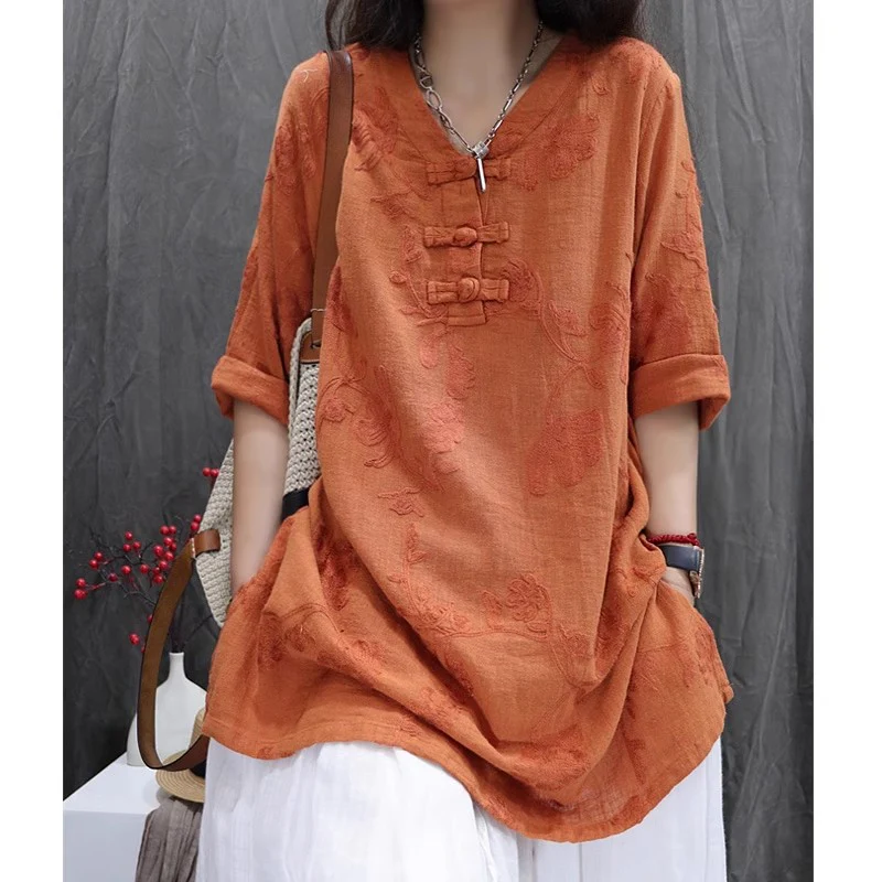 Cotton and linen women's clothing  summer new jacquard loose temperament V-neck buckle Popular style versatile medium-sleeved shirt women - Deanwangkt