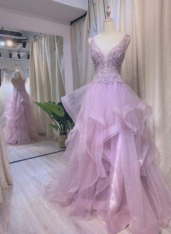 Solvbao Light Purple Tulle Beaded Layers Floor Length Formal Gown, Long Purple Evening Dress Prom Dress - Deanwangkt