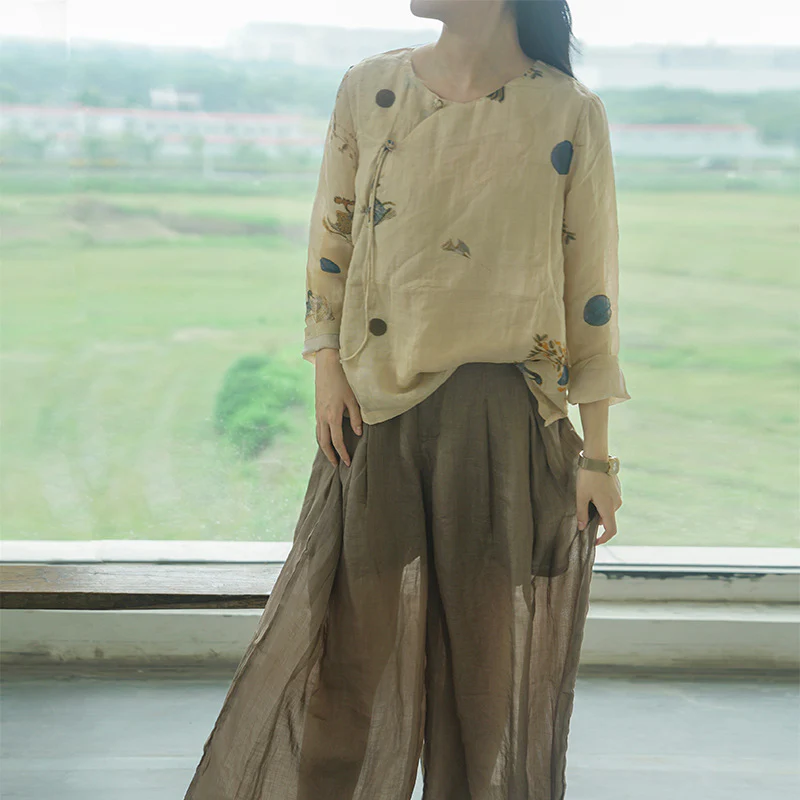 design Chinese diagonal placket digital printed ramie top, tea clothes double-layer anti-penetration Zen shirt S22182 - Deanwangkt