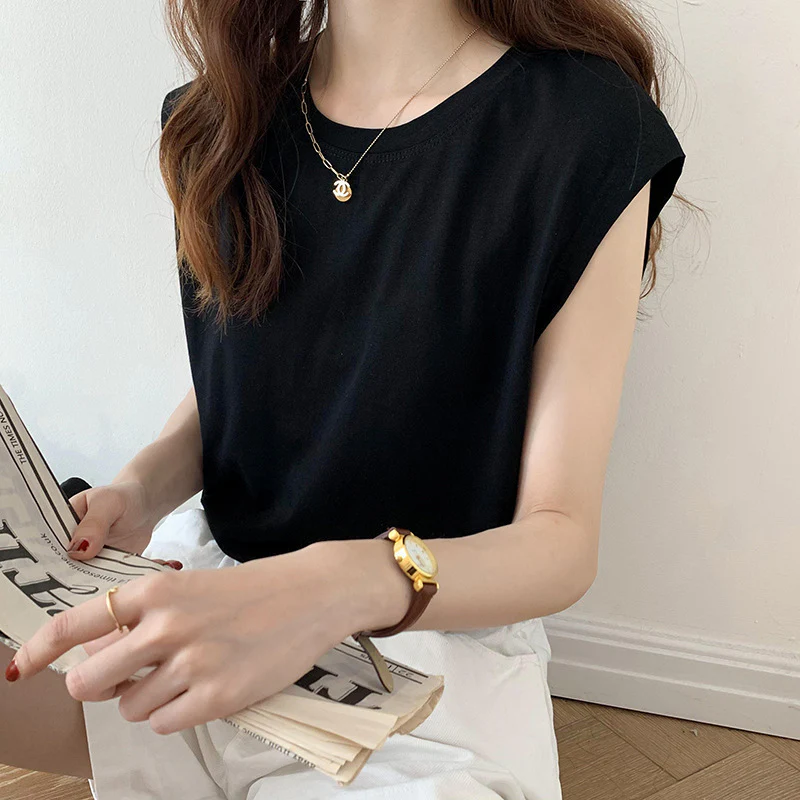 deanwangkt White Sleeveless T-shirt Women's Loose  Summer Fashion Camisole T-shirt Student Top Ins Polyester Pullover round Neck - Deanwangkt