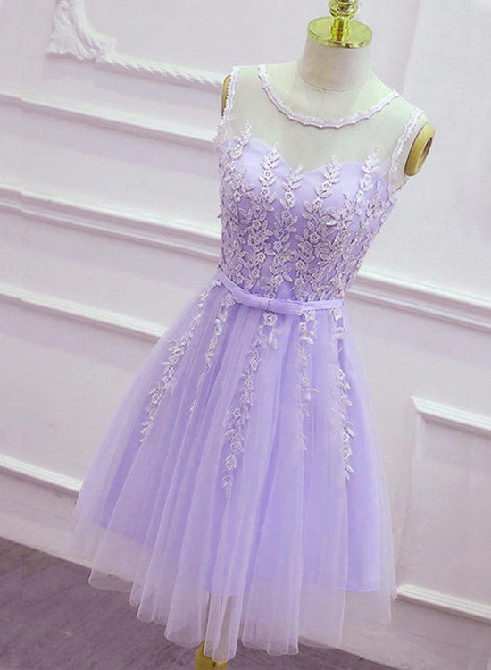 Solvbao Lovely Tulle Round Neckline Applique Purple Party Dress, Lavender Homecoming Dress - Deanwangkt