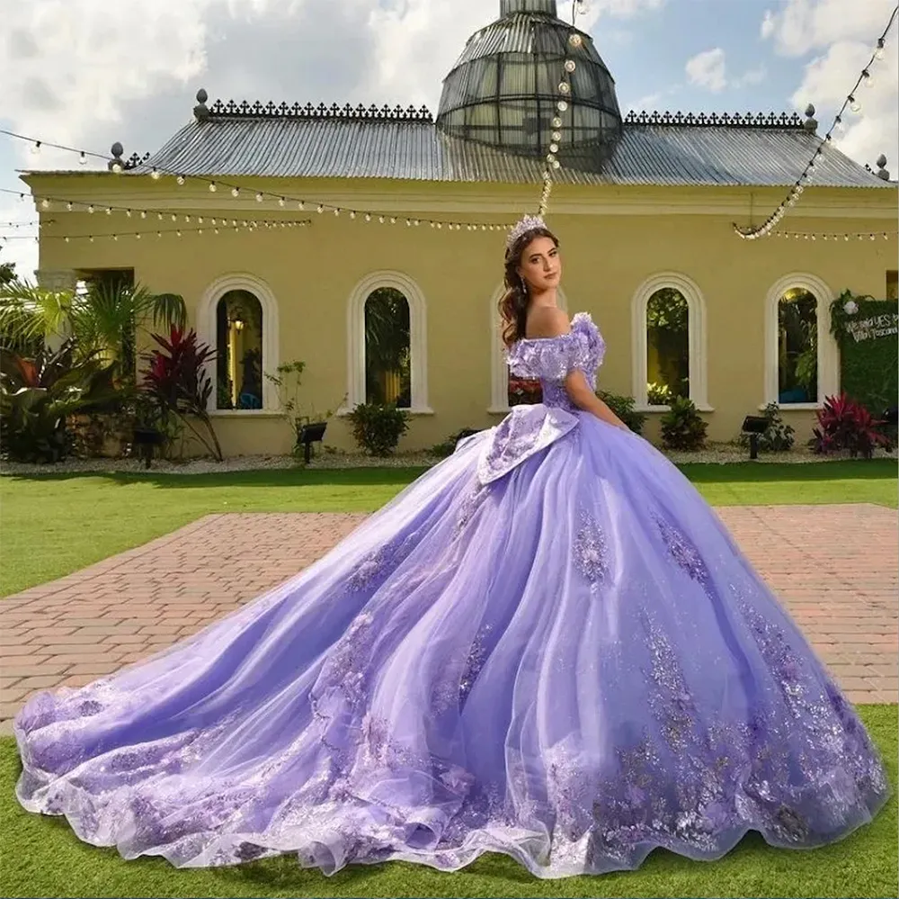 Lavender Quinceanera Dresses With Bow Applique Vestidos De 15 Anos Tulle Lace Beading Mexican Girls Birthday Gowns - Deanwangkt